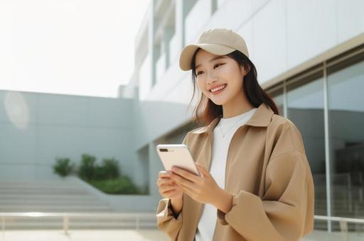 野外でスマホを持つ若い女性01 野外でスマホを持つ若い女性01の写真