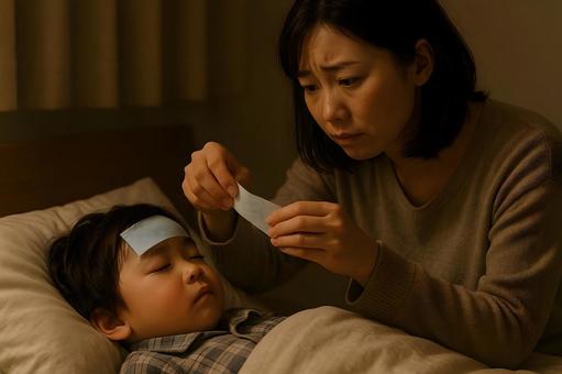 眠る子を看病する母 眠る子を看病する母の写真
