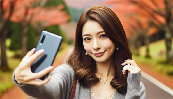 紅葉 深紅の楓を背景に自撮りする若い女性 紅葉 深紅の楓を背景に自撮りする若い女性の写真