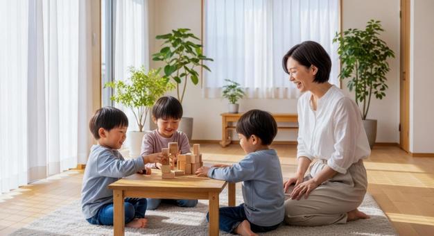 積み木で遊ぶ3人の子供と母親 積み木で遊ぶ3人の子供と母親の写真