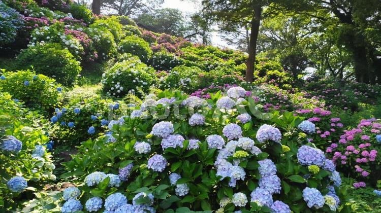 山に咲く青いあじさい グリーン,ナチュラル,日差しの写真素材