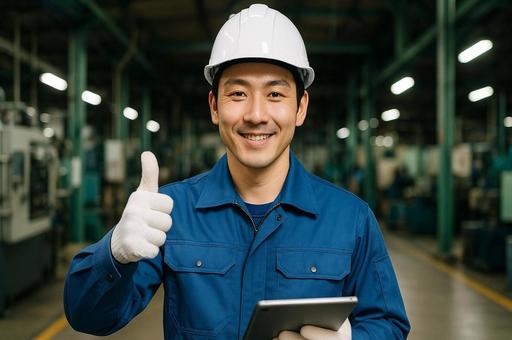 工場作業員が笑顔で安全確認ポーズ・製造業 工場作業員が笑顔で安全確認ポーズ・製造業の写真