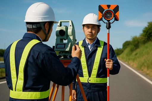 道路で測量作業をする男性 道路で測量作業をする男性の写真