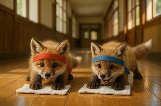 学校の廊下を雑巾掛けする子狐 学校の廊下を雑巾掛けする子狐の写真