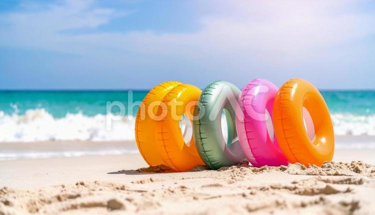 夏のビーチと浮き輪のある風景 ビーチ,海,夏の写真素材