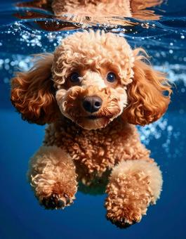 泳ぐトイプードルの写真