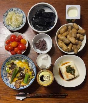 あきたこまちご飯の肉丼などの夕食の食卓 あきたこまちご飯の肉丼などの夕食の食卓 夕食,食卓,ご飯の写真素材