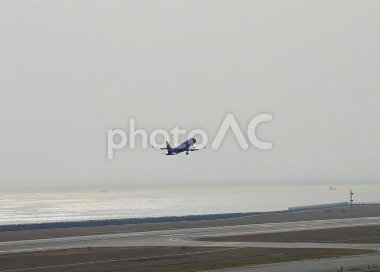 神戸空港を飛び立つ旅客機 神戸空港,飛び立つ飛行機,海の写真素材