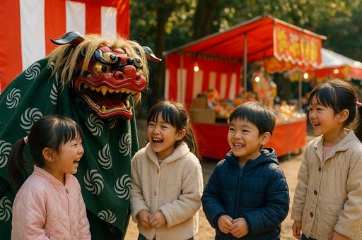 獅子舞と子どもたち 獅子舞と子どもたちの写真