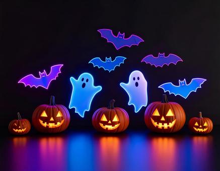暗闇に浮ぶハロウィンナイトのシンボルたちの写真