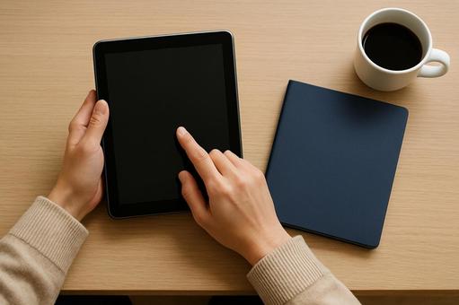 タブレットを操作する手元 タブレットを操作する手元の写真