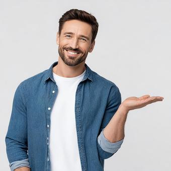 笑顔とジェスチャーで伝える男性 笑顔とジェスチャーで伝える男性の写真