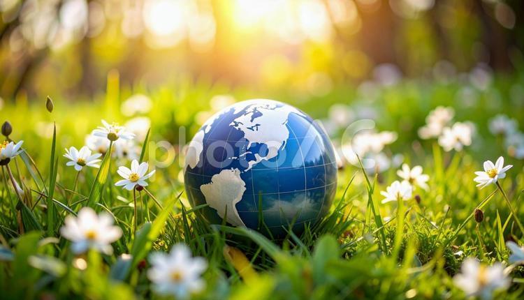 草上の地球儀と春の花 地球儀,春,花の写真素材