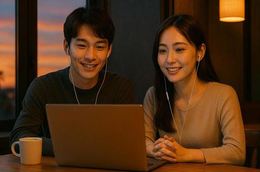 夕方リモート会議をする男女の写真