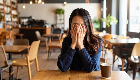 カフェで感情を押し殺すように顔を覆う女性 カフェで感情を押し殺すように顔を覆う女性の写真