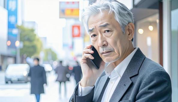 困った表情で電話する高齢者 困った表情で電話する高齢者の写真