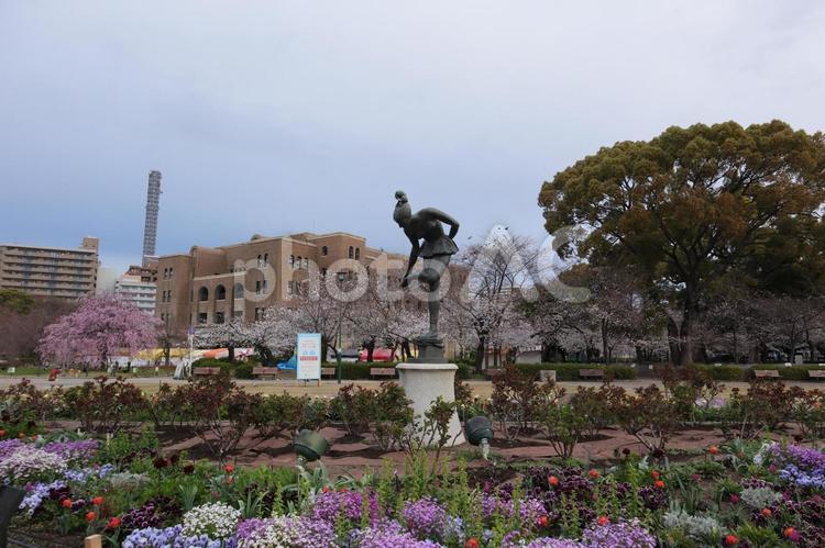 鶴舞公園の踊り子像と花壇 踊り子像,桜,空の写真素材