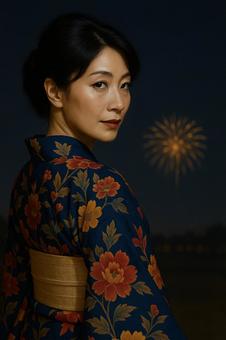 打ち上げ花火を見る浴衣の女性 打ち上げ花火を見る浴衣の女性の写真