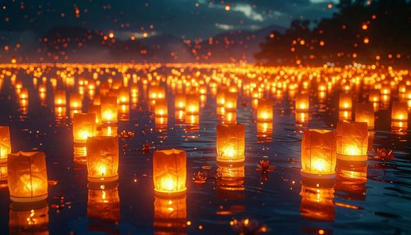湖面に広がる幻想的な灯篭流し 湖面に広がる幻想的な灯篭流しの写真