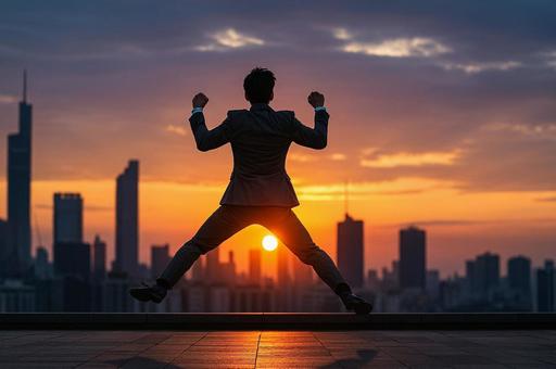 夕日を背にジャンプするビジネスマン 夕日を背にジャンプするビジネスマンの写真