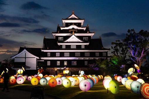 ライトアップされた岡山城天守閣 ライトアップされた岡山城天守閣 岡山城,ライトアップ,夜の写真素材