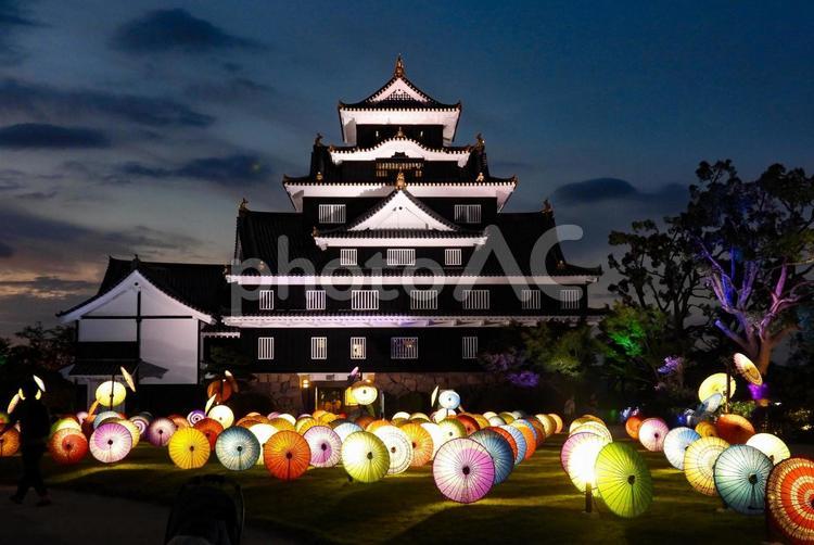 ライトアップされた岡山城天守閣 岡山城,ライトアップ,夜の写真素材