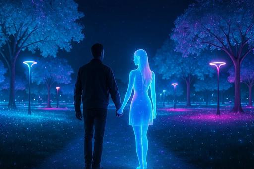 ネオン夜道の人物と光像 ネオン夜道の人物と光像の写真