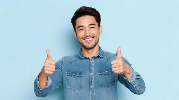 笑顔でサムズアップをする男性 笑顔でサムズアップをする男性の写真