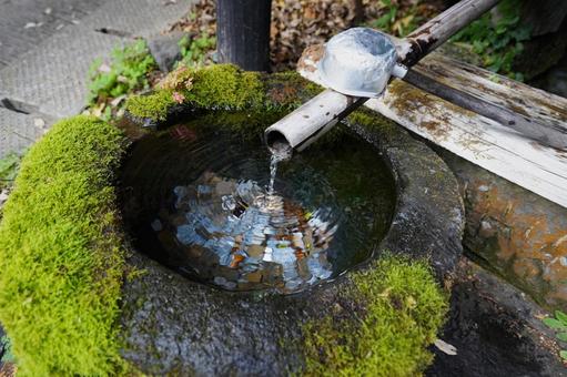 熊本 黒川温泉 硬貨の沈んだ手水鉢 手水鉢,チョウズバチ,黒川温泉の写真素材