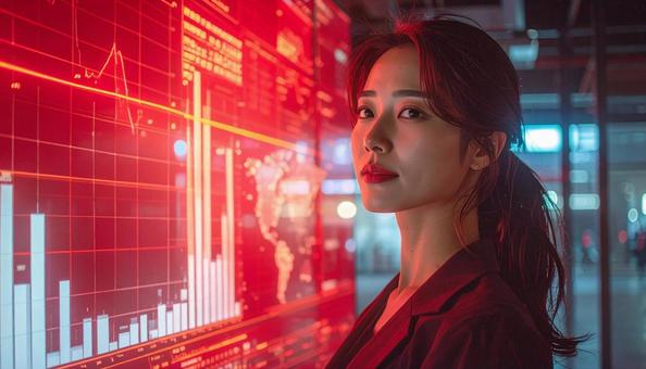 ディルプレイのチャートの前に立つ女性社員 ディルプレイのチャートの前に立つ女性社員の写真