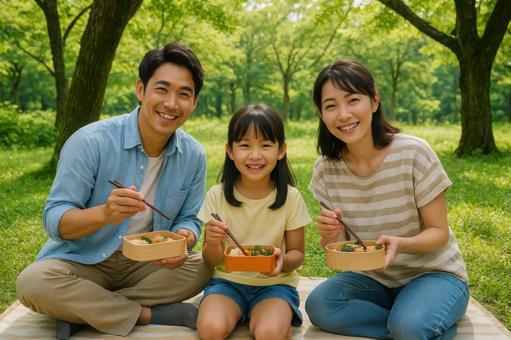 公園でお弁当を楽しむ家族 公園でお弁当を楽しむ家族の写真