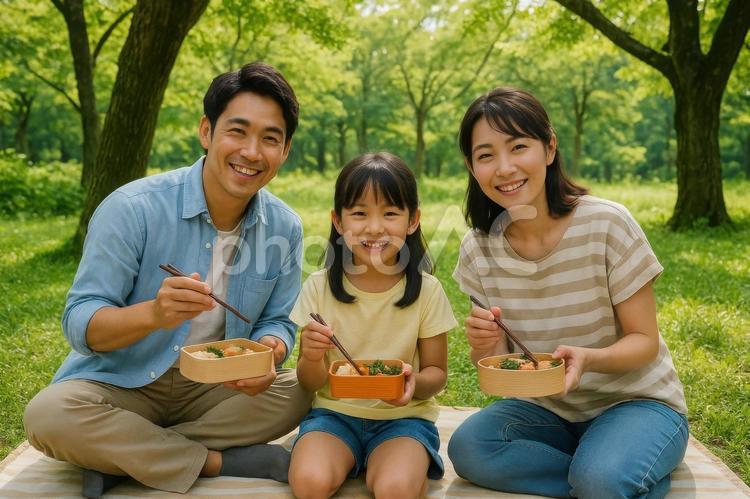 公園でお弁当を楽しむ家族 日本人,家族,親子の写真素材