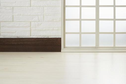 白レンガ壁　白木床　窓 背景素材,白,壁の写真素材