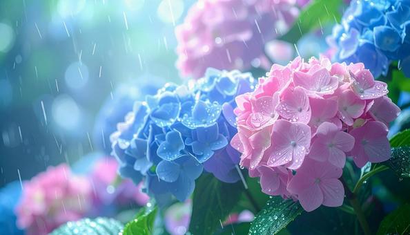 梅雨に一面咲く満開の紫陽花 梅雨に一面咲く満開の紫陽花の写真