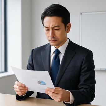 プレゼン資料をチェックする中堅社員 プレゼン資料をチェックする中堅社員の写真
