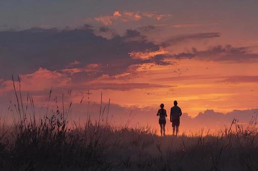 地平線に輝く夕日のジョギング 地平線に輝く夕日のジョギングの写真