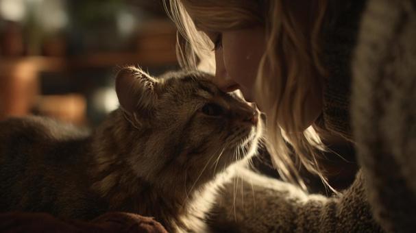 部屋の中で女性とリラックスする猫 部屋の中で女性とリラックスする猫の写真