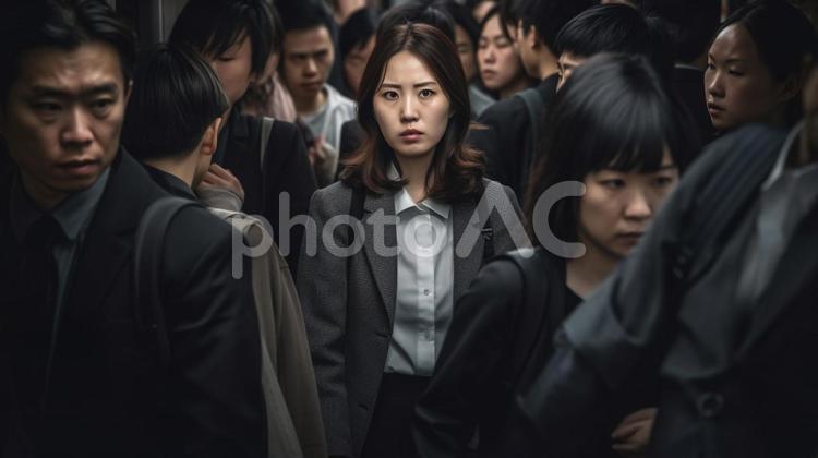 満員電車で通勤するオフィスレディ 女性,人物,電車の写真素材