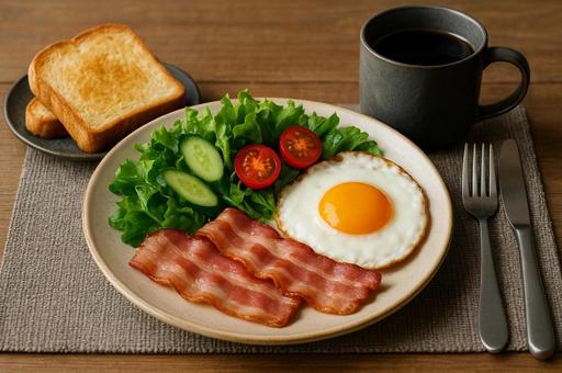 ベーコンエッグとトーストの洋風朝食 ベーコンエッグとトーストの洋風朝食の写真