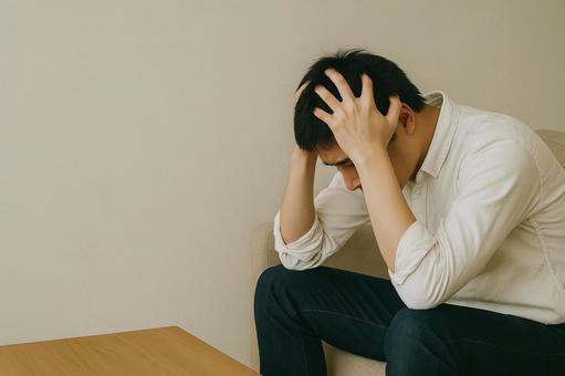 頭を抱えて考え込む、困った男性3 頭を抱えて考え込む、困った男性3の写真