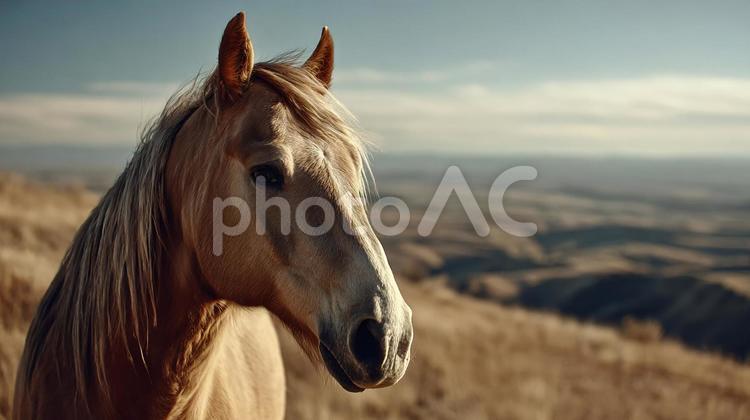 大地を見つめるパロミノ馬 馬,野生馬,自然の写真素材