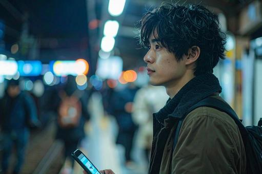 駅のホームで電車を待つ男性 駅のホームで電車を待つ男性の写真