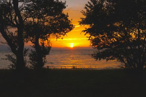近江湖の辺の道から見る夕日⑦ 滋賀県長浜 近江湖の辺の道から見る夕日⑦ 滋賀県長浜 夕日,夕陽,夕景の写真素材