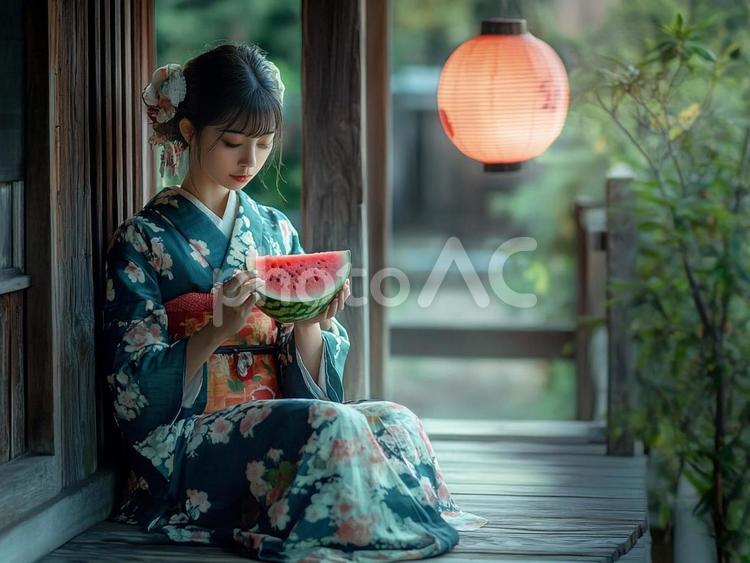 和服美女とスイカと提灯 外人,和服,美人の写真素材
