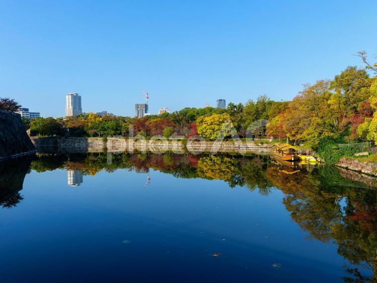 大阪城のお堀に映り込む秋景色 大阪城,お堀,秋景色の写真素材