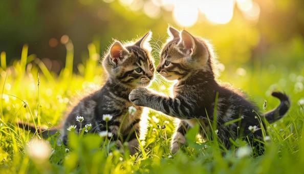 草むらでじゃれ合う2匹の子猫 草むらでじゃれ合う2匹の子猫 の写真