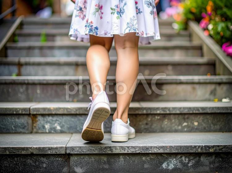 階段を上がる若い女性の後ろ姿　生成AI　 女性,階段,後ろ姿の写真素材