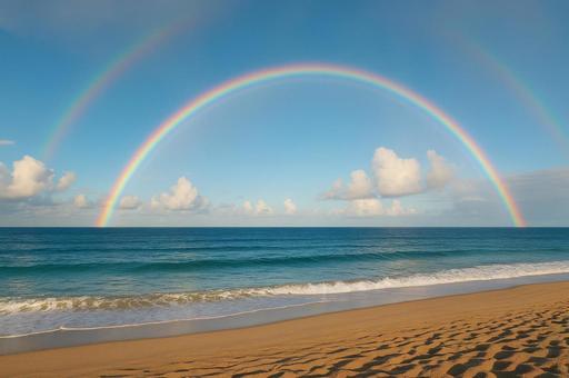 青い空、青い海にかかるダブルレインボーの写真