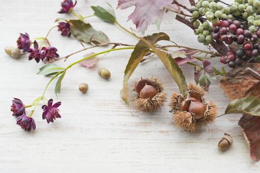 Autumn frame background of chestnuts, grapes and chestnut leaves 2, autunno, castagno, frutta, JPG