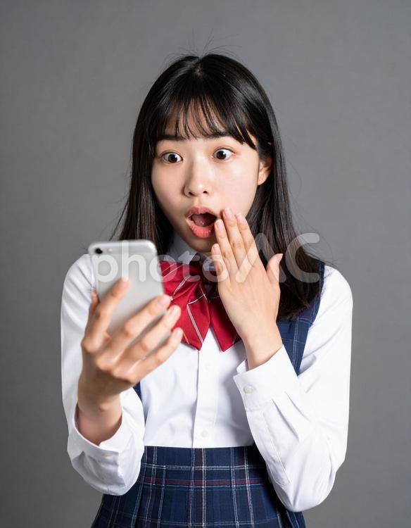 スマートフォンを見て驚く女子学生 女子学生,驚き,表情の写真素材